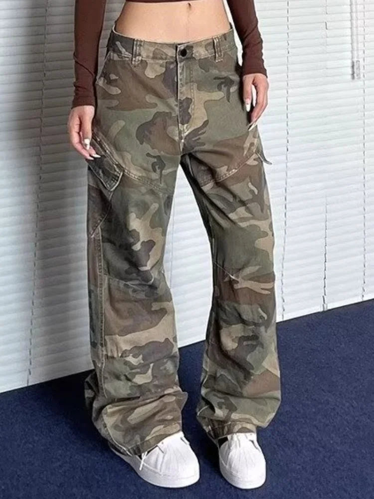2024 Cyber Y2K Streetwear Washed Camouflage Pleated Baggy Jeans Cargo Pants For Women Clothes Underwear Lady Casual Trousers