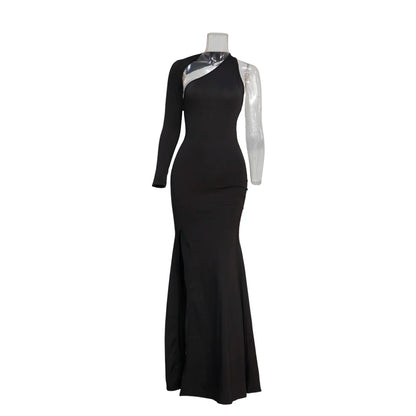 Spring Fall Longuette Long-sleeved Elastic Force Single Sleeve Slim Long Women's Dress