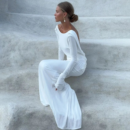 GACVGA Backless Long Sleeve Maxi Dress For Women 2024 Autumn Winter New High Waist White Ruched Sexy Bodycon Long Dress