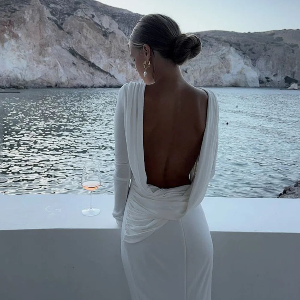GACVGA Backless Long Sleeve Maxi Dress For Women 2024 Autumn Winter New High Waist White Ruched Sexy Bodycon Long Dress