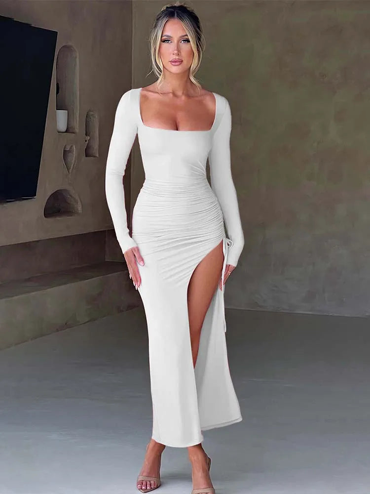 New Long Sleeve Ruched High Split Maxi Dress Women Square Collar Drawstring Bodycon Sexy Party Long Dress Elegant Autumn