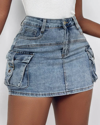 Pocket Design Buckled Denim Skirt Women High Waist Short Mini Skirt Sexy Summer Fashion