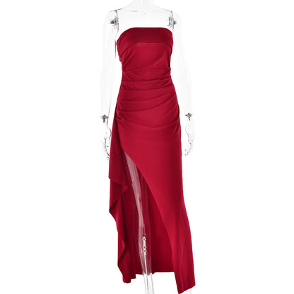 Cryptographic Off Shoulder Elegant High Rise Split Maxi Dress Club Outfits for Women Sexy Strapless Evening Dresses Ruched Gown