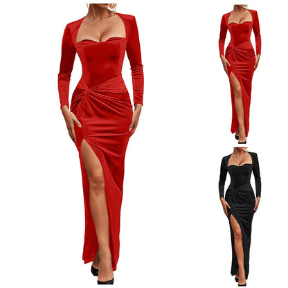 Semi Formal Women Dresses Sexy Slim Slit Square Neck Dress Fashionable And Elegant Velvet Gathered Winter Dress Vestidos