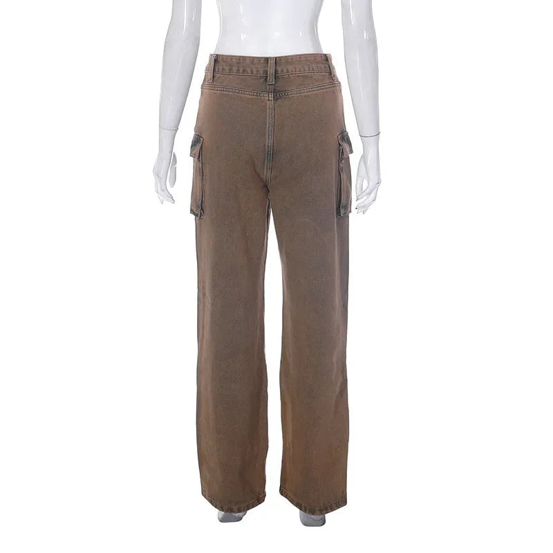 High Waist Tie Dye Denim Pants Women's Workwear Style Loose Fit Multi Pocket Trendy Street Fashion Long Trousers
