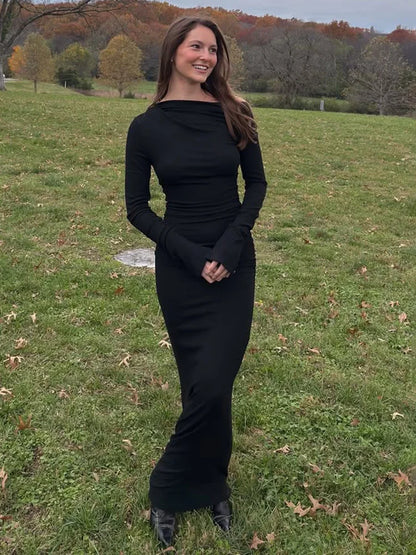 TARUXY White Skew Collar Long Sleeve Maxi Dress For Women 2024 Autumn Winter New Bodycon Elegant Party Dress Female High Waist