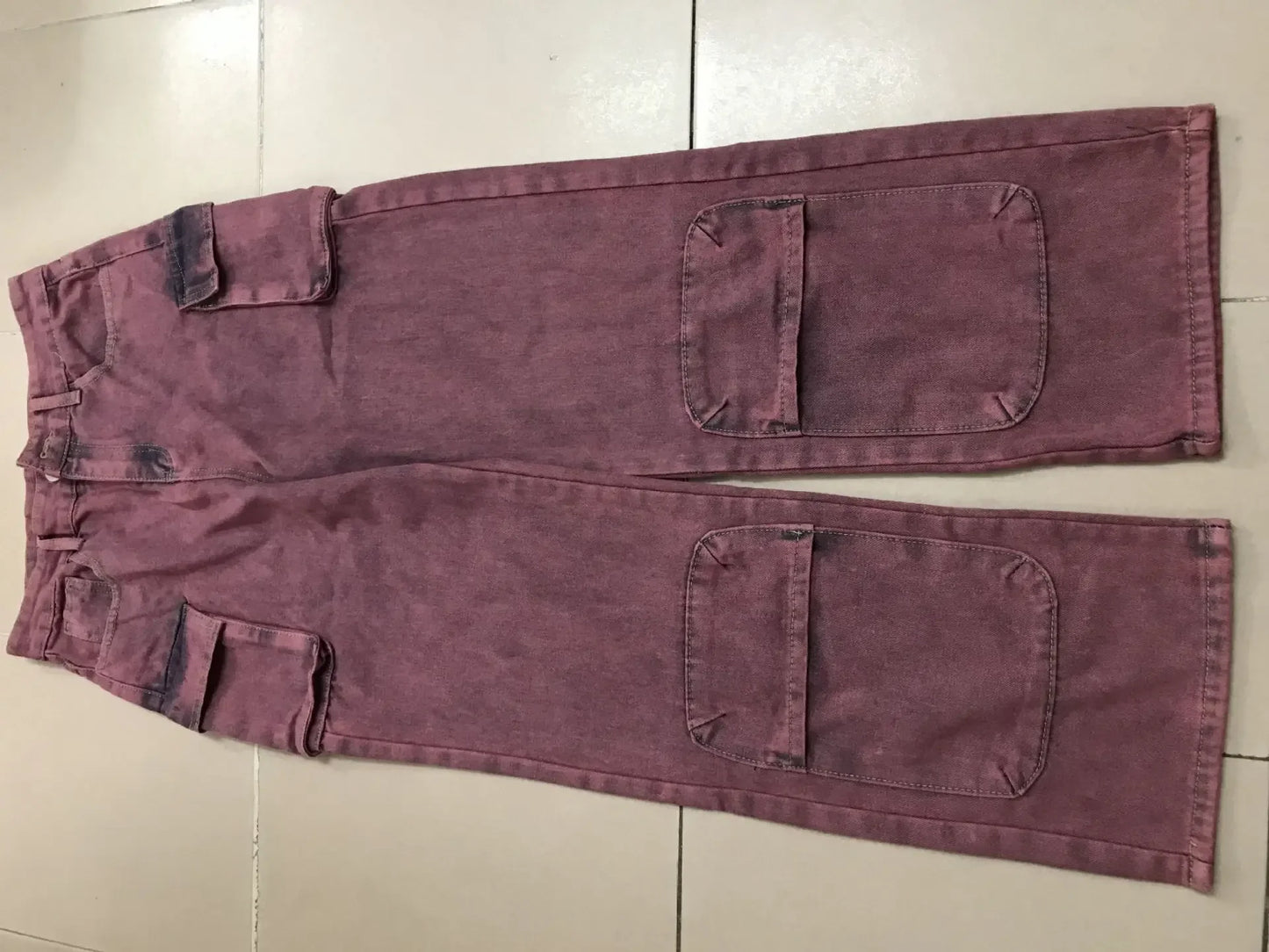 High Waist Tie Dye Denim Pants Women's Workwear Style Loose Fit Multi Pocket Trendy Street Fashion Long Trousers