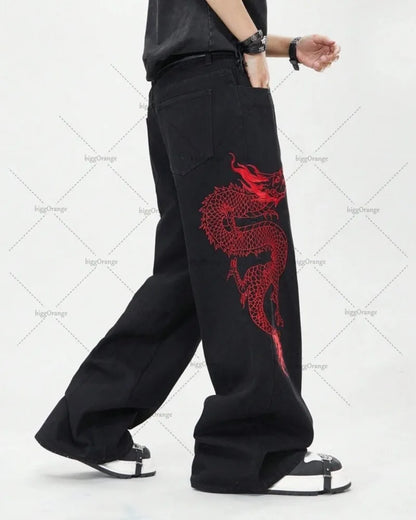 American New Retro Oriental Dragon Design Fashionable Loose Jeans Men Street Hip-hop Casual Straight Wide-leg Pants Women