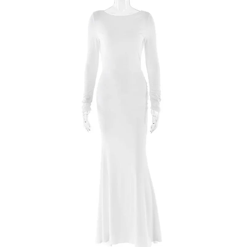 GACVGA Backless Long Sleeve Maxi Dress For Women 2024 Autumn Winter New High Waist White Ruched Sexy Bodycon Long Dress