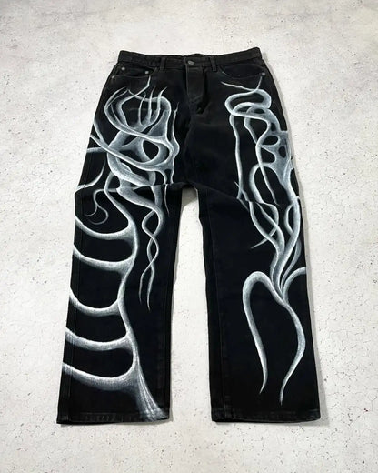 Vintage Mens Baggy Black Jeans Summer Gothic Cross Graffiti Straight Denim Pants High Street Women Casual Wide Leg Trousers