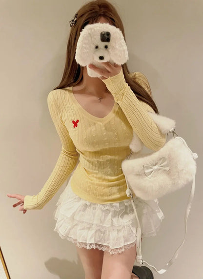 Casual V Neck White Pullovers Women Sweaters Autumn Winter Basic Long Sleeve Y2k Clothes Korean Pink Grey Ladies Tops Jumpers