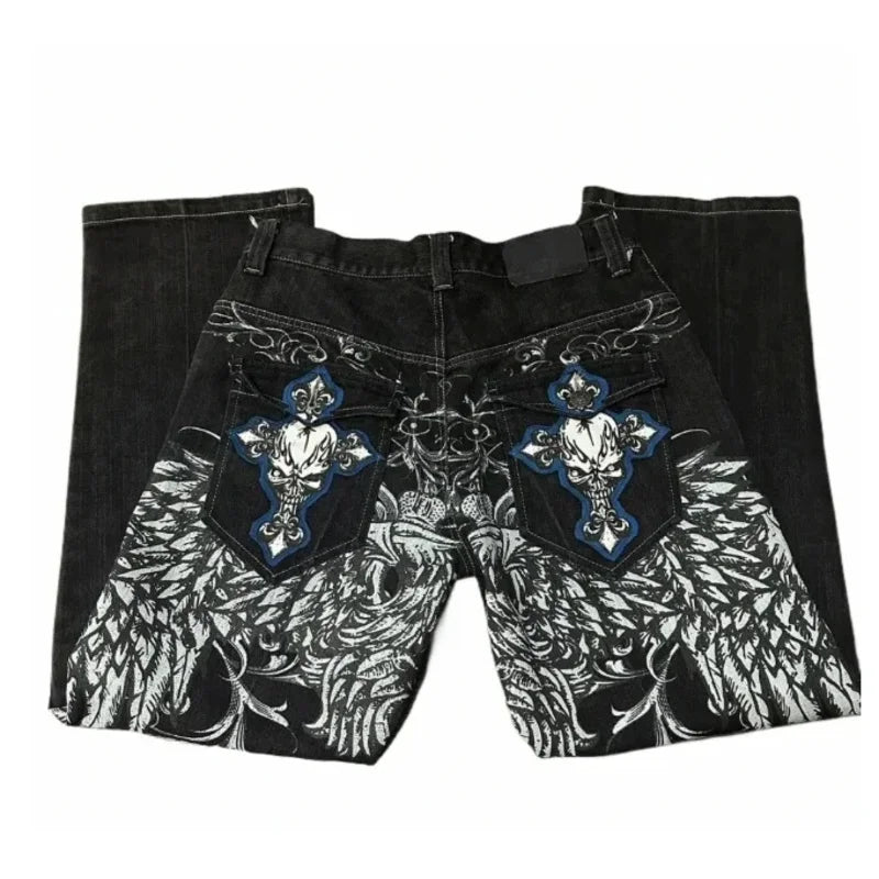 2025 New Jeans embroidered hip-hop wide-leg floor-moving Y2K mid-waist gothic individual men's pants American retro fashion★★★★