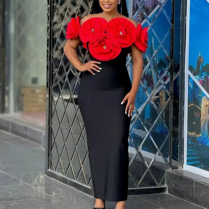 2024 High Quality Summer Women's New Black Sexy One Shoulder Dress with High Quality 3D Flower Decoration Slim Fit Bandage Dress