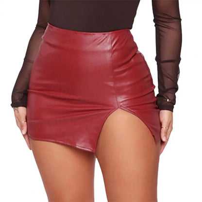 Leather Slim Mini Skirt Sexy Fashion PU Hot Short High Waist Skirt Korean Nightclub Faux Leather High Waist Split Skinny Skirt