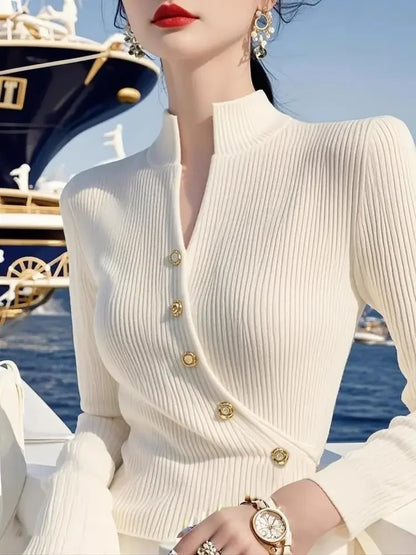 Temperament Chic Autumn Winter Women Solid Mock Neck Button Fashion Elegant Long Sleeve Pullovers Slim Bottoming Shirt Knit Tops