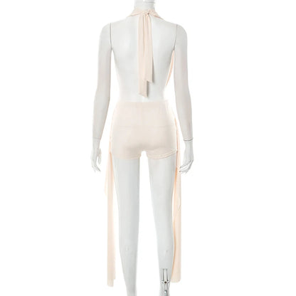 Weird Puss Elegant Women 2 Piece Set Halter Swing Collar Backless Sexy Tank Tops+Side Tassel Shorts Matching Clubwear Outfits