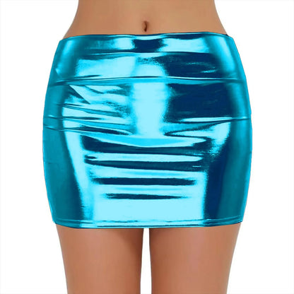 Sexy PU Leather Short Skirts for Women Club Prom Performance Solid High Waist Mini Skirt Gold Red Shine Bright Fladas Mujer XXL