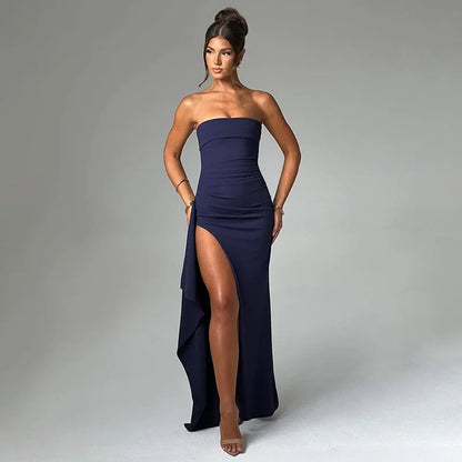 Cryptographic Off Shoulder Elegant High Rise Split Maxi Dress Club Outfits for Women Sexy Strapless Evening Dresses Ruched Gown