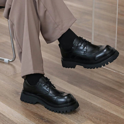 British Style Men's Block Shoes Thick Soled Durable for Office Interviews Formal Shoes Retro Brown Men's Shiny Leather Shoes