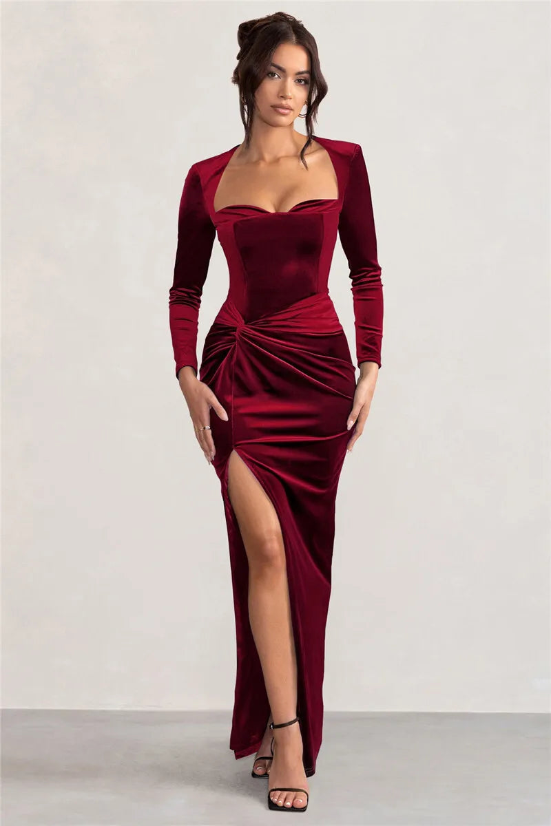 Mozision Square Collar Long Sleeve Sexy Maxi Dress For Women Velvet Fashion Ruched Split Bodycon Club Party Elegant Long Dress