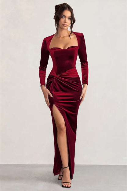 Mozision Square Collar Long Sleeve Sexy Maxi Dress For Women Velvet Fashion Ruched Split Bodycon Club Party Elegant Long Dress