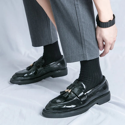 Fashion Business Chequer Loafers Men's Slip-On Brown Office Moccasins Male Dress Shoes Career Black Leather Shoes Plus Size38-47