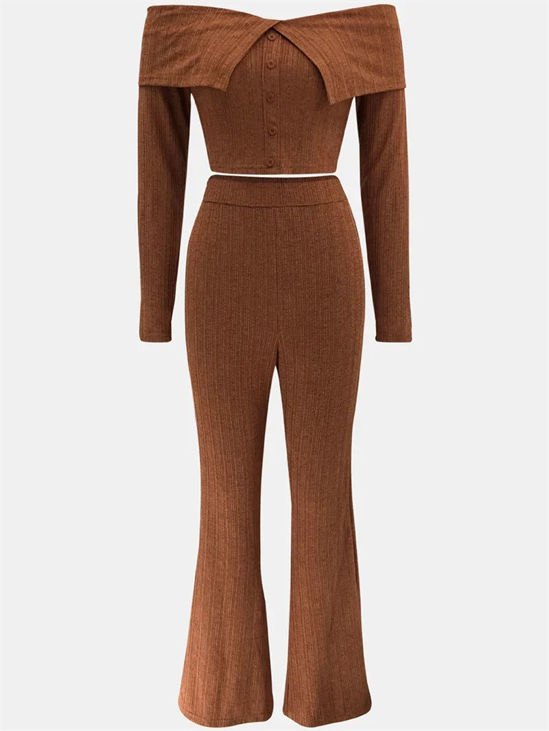 Sexy Knitted Two Piece Set for Women Birthday Outfits Off Shoulder Slash Neck Crop Top and Flare Pants Set Conjuntos Femininos