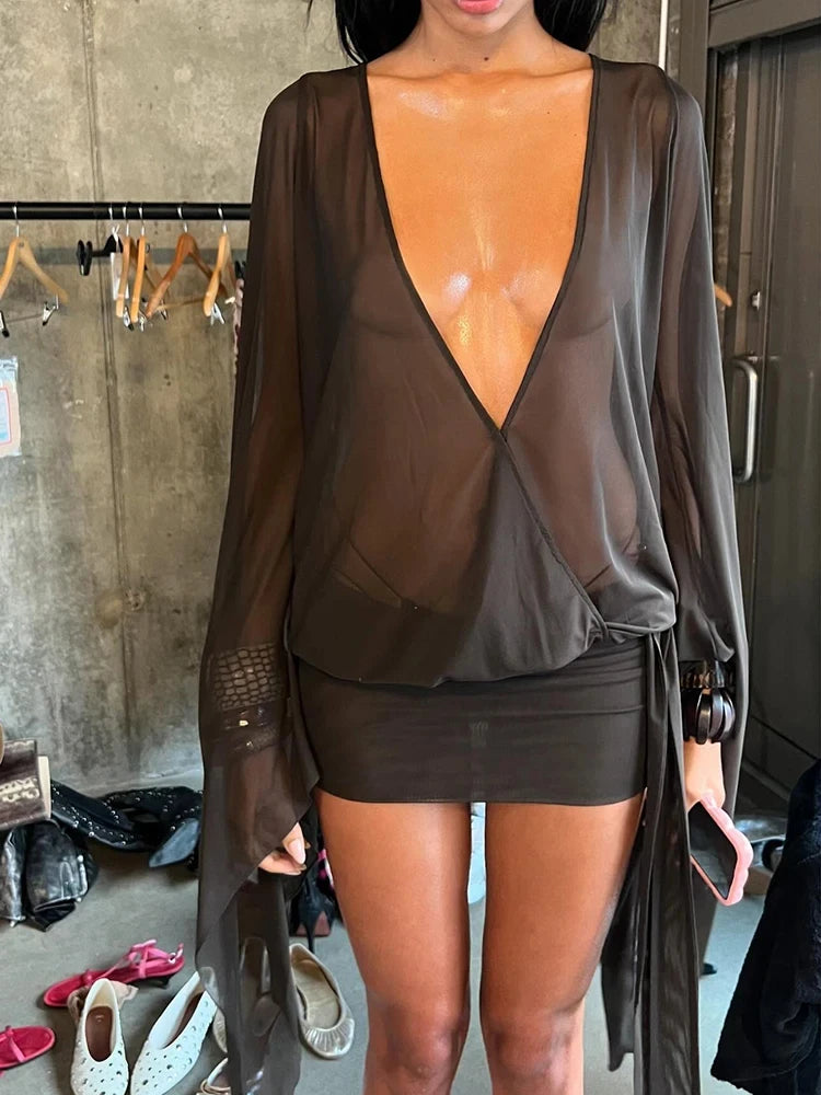 Irregular Women Mini Dress Sexy See Through Chic Long Sleeve Deep Low Neck Bandage Slim Vestidos Mujer Coquette Frock