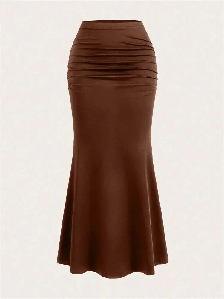 Solid Bodycon Ruched Long Skirt Women Sexy Black Elastic Elegant High Waist Mermaid Maxi Skirts Summer Streetwear