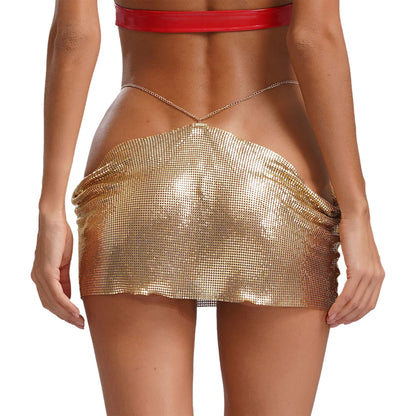 Women Sparkly Sequins Mini Skirt Low Waist Metal Chains Waistband Glitter Skirts Sexy Miniskirt Nightclub Rave Party Clubwear