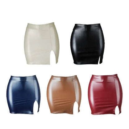 Leather Slim Mini Skirt Sexy Fashion PU Hot Short High Waist Skirt Korean Nightclub Faux Leather High Waist Split Skinny Skirt