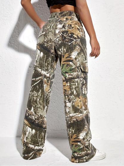 FAGADOER Fashion Camouflage Print Straight Pants Women High Waisted Button Pocket Loose Trousers Casual Female Sporty Bottoms