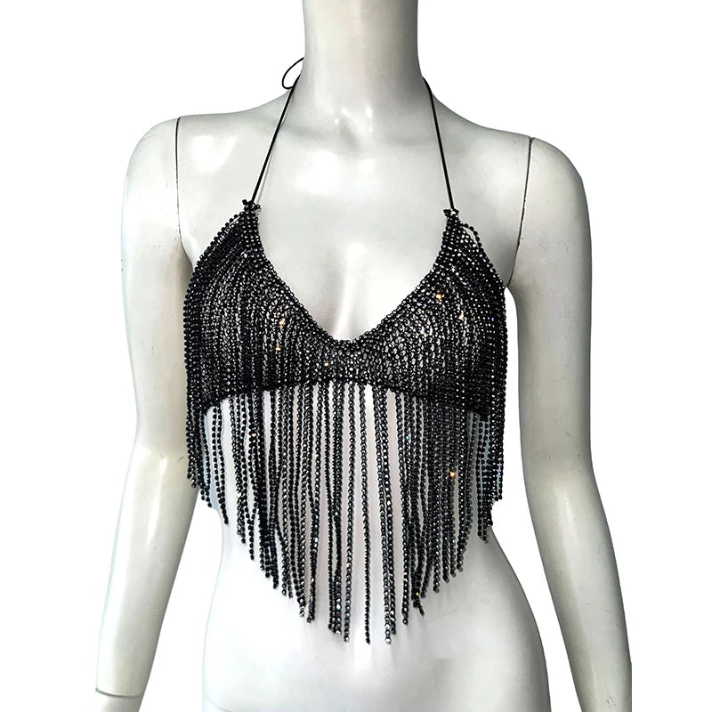Luxury Rhinestone Tassel Decoration Tank Top For Women Summer Sexy Backless Bandage Halter Neck Crop Top Party Festival Camis