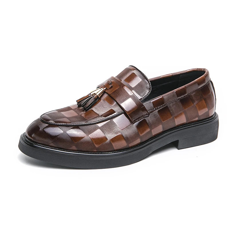Fashion Business Chequer Loafers Men's Slip-On Brown Office Moccasins Male Dress Shoes Career Black Leather Shoes Plus Size38-47