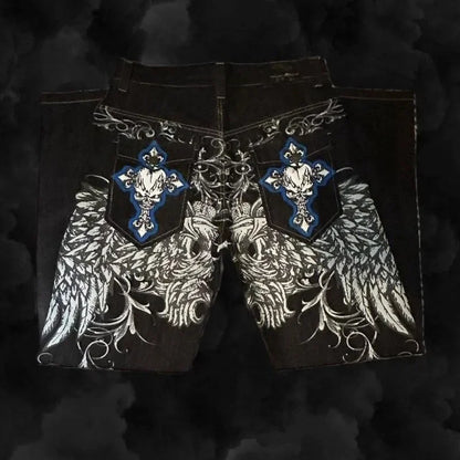 Y2k Street High Waist Gothic Skull Geometry Men Jeans American Retro Hip Hop Fashion Couple Straight Loose Pants
