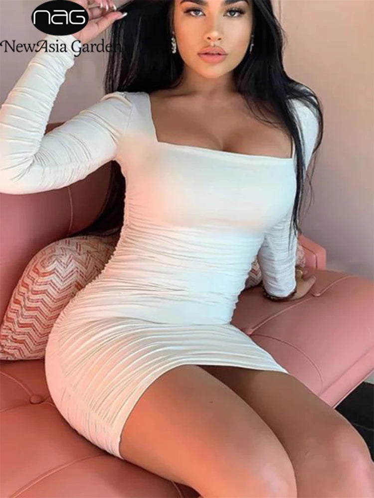 NewAsia Double Layers Sexy Dress Women Long Sleeve Club Dresses Backless Lace Up Ruched Dress Casual White Mini Bodycon Vestidos