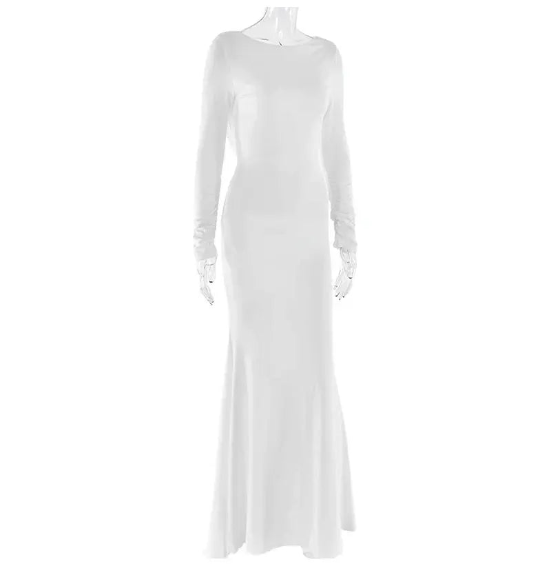 GACVGA Backless Long Sleeve Maxi Dress For Women 2024 Autumn Winter New High Waist White Ruched Sexy Bodycon Long Dress