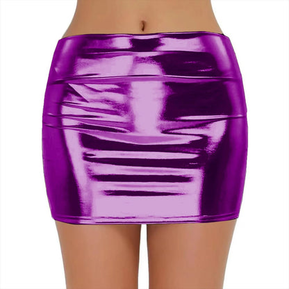 Sexy PU Leather Short Skirts for Women Club Prom Performance Solid High Waist Mini Skirt Gold Red Shine Bright Fladas Mujer XXL
