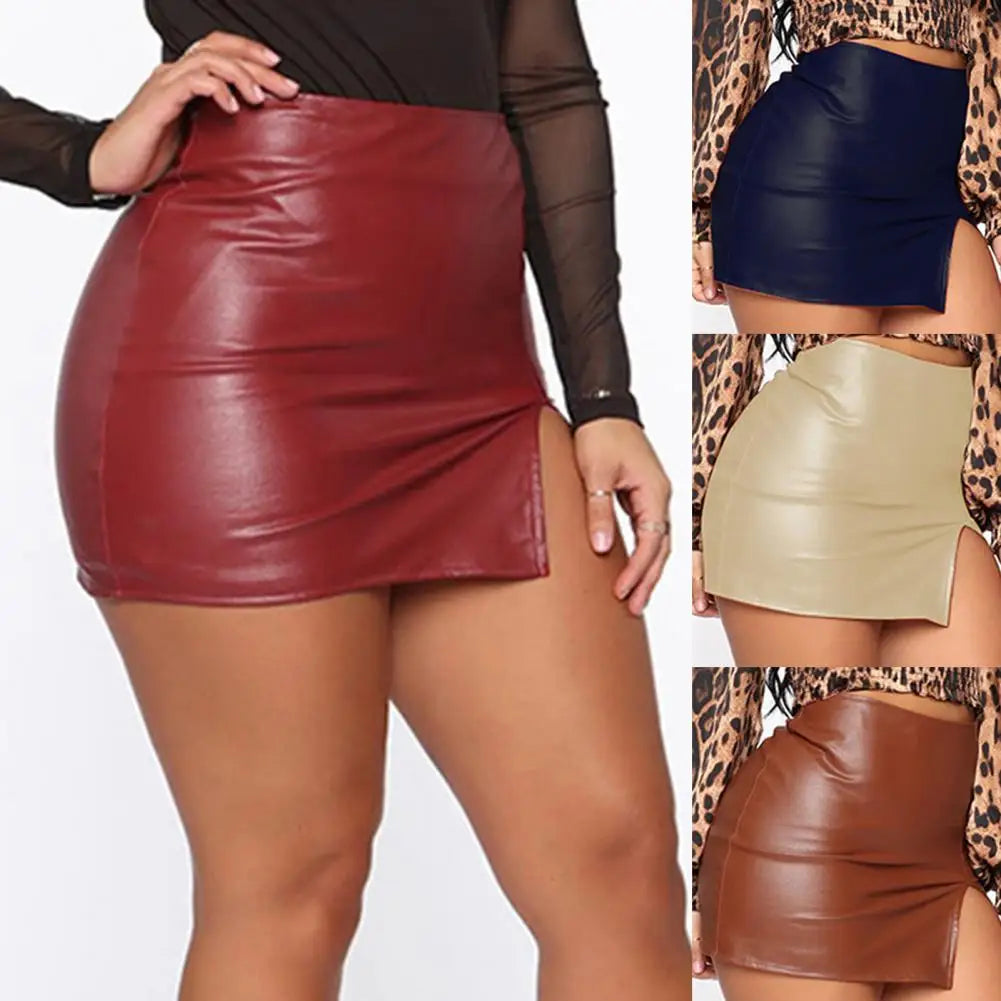 Leather Slim Mini Skirt Sexy Fashion PU Hot Short High Waist Skirt Korean Nightclub Faux Leather High Waist Split Skinny Skirt