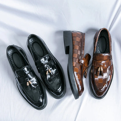 Fashion Business Chequer Loafers Men's Slip-On Brown Office Moccasins Male Dress Shoes Career Black Leather Shoes Plus Size38-47
