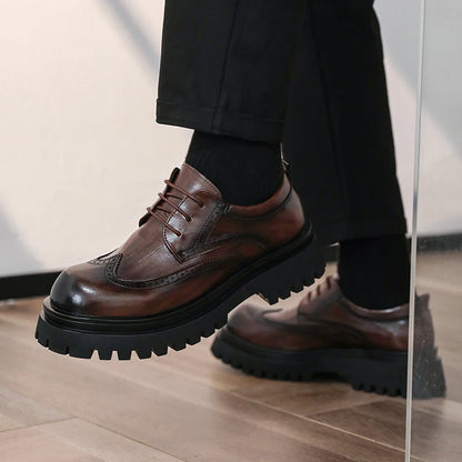 British Style Men's Block Shoes Thick Soled Durable for Office Interviews Formal Shoes Retro Brown Men's Shiny Leather Shoes