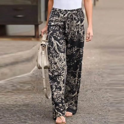 Women Casual Long Pants Print Lace Up Elastic Waist Pant Straight Spliced Pockets Lady Streetwear Elegant Lady Summer 2025