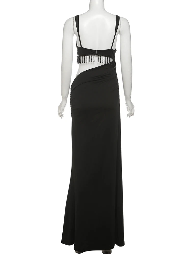 Weird Puss Sexy Hollow Tassel Women Dress Y2K Backless Sleeveless Side Ruched Summer Fashion Midnight Clubwear Backless Vestidos
