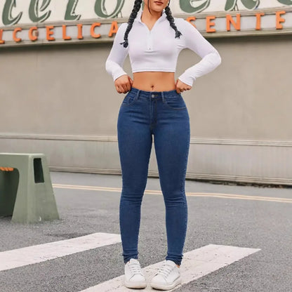 Europe and The United States Women's New Skinny Stretch Small Leg Jeans Four Seasons Simple Casual Denim Nine-point Pants Women