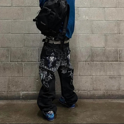 Y2k Street High Waist Gothic Skull Geometry Men Jeans American Retro Hip Hop Fashion Couple Straight Loose Pants