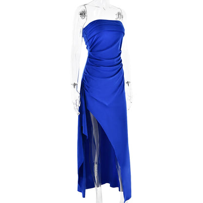 Cryptographic Off Shoulder Elegant High Rise Split Maxi Dress Club Outfits for Women Sexy Strapless Evening Dresses Ruched Gown