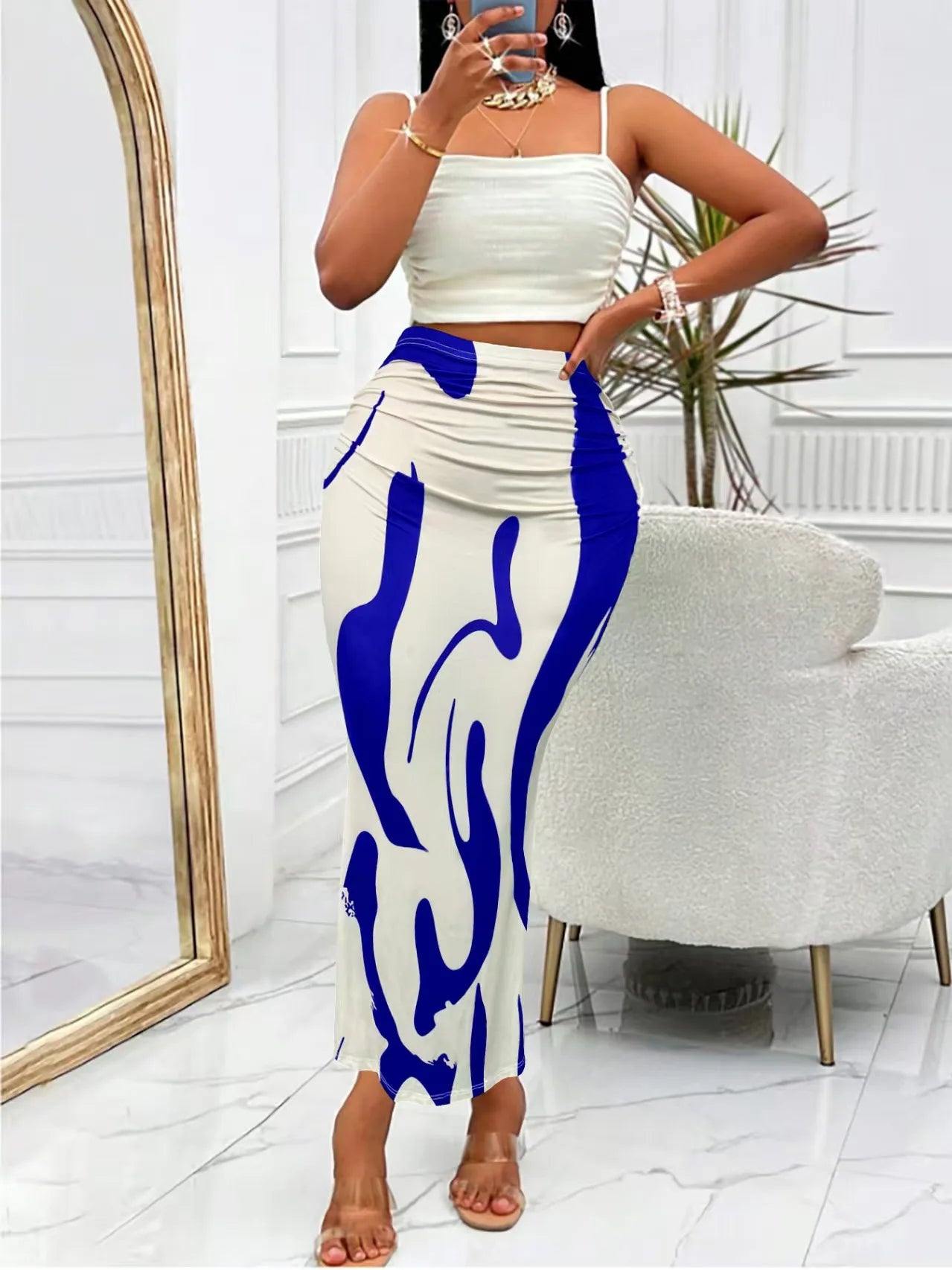 Long Skirts For Women Dressy Casual Graphic Zebra Print Pleated Skirts Spring New Fashion Elastic High Waist Geometry Streetwear