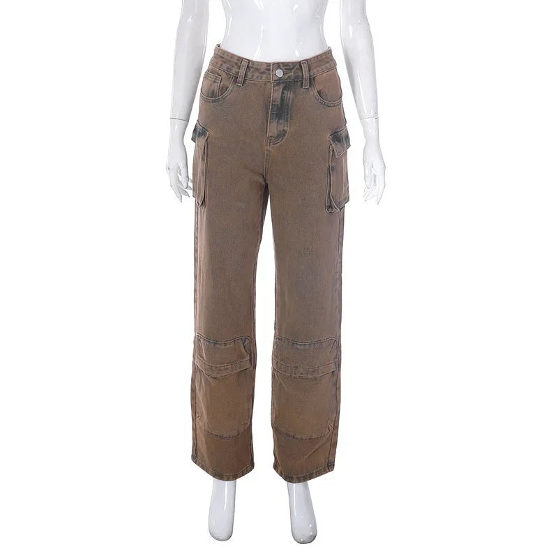 High Waist Tie Dye Denim Pants Women's Workwear Style Loose Fit Multi Pocket Trendy Street Fashion Long Trousers