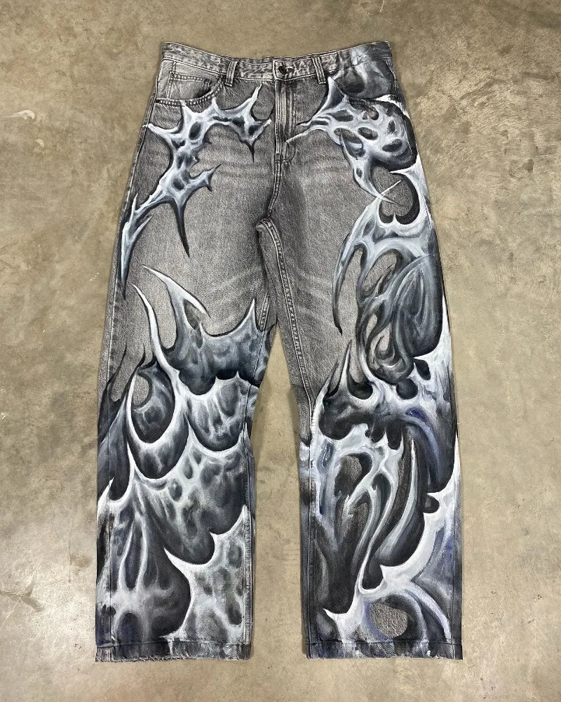 Vintage Mens Baggy Black Jeans Summer Gothic Cross Graffiti Straight Denim Pants High Street Women Casual Wide Leg Trousers