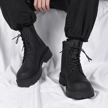 Men's Boots High Top Leather Boots British Style Black Ankle Boots Platform Lace Up Motorcycle Boot Couple Outdoor Casual Shoes